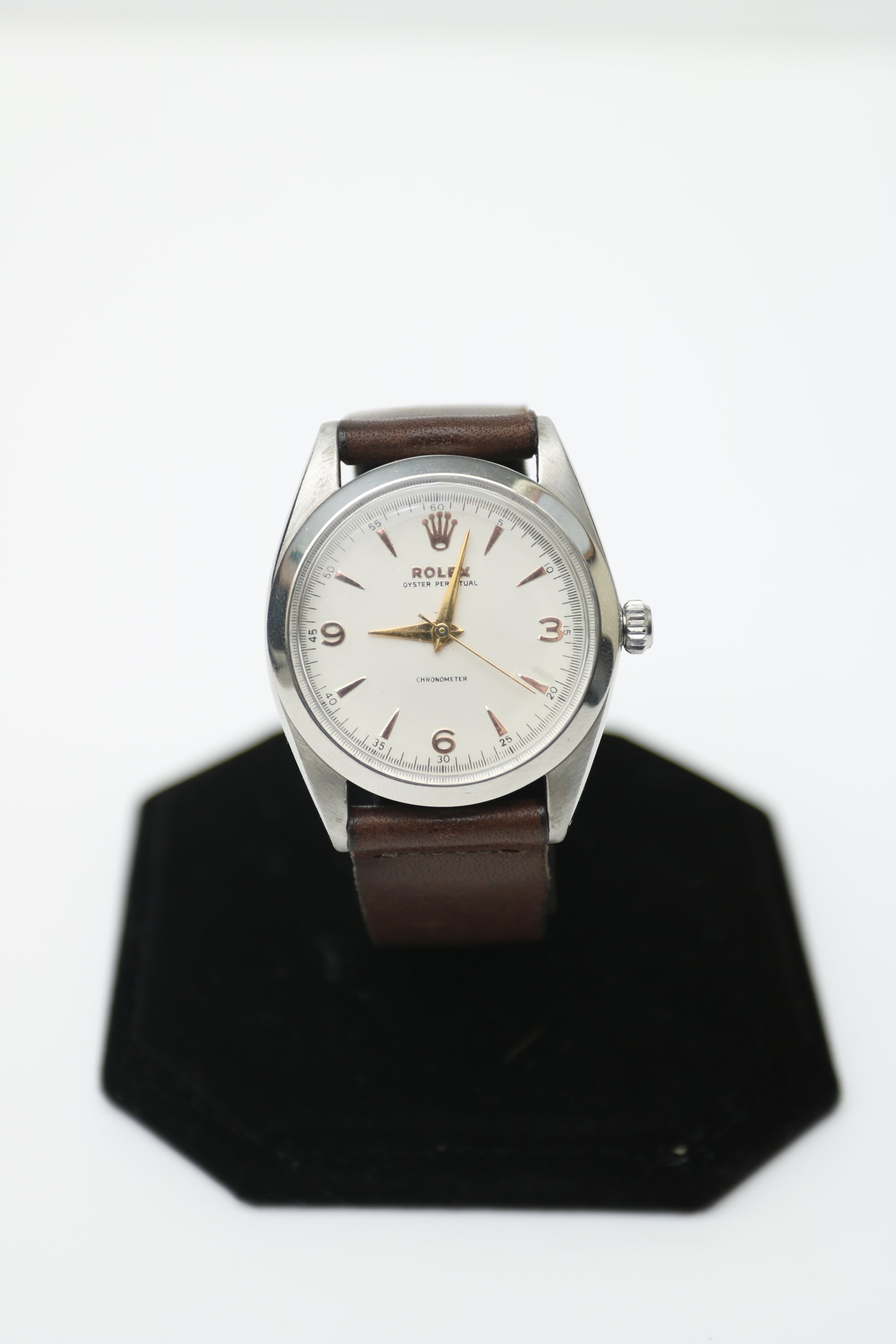 Rolex Oyster perpetual white rose marker Dial on Brown leather