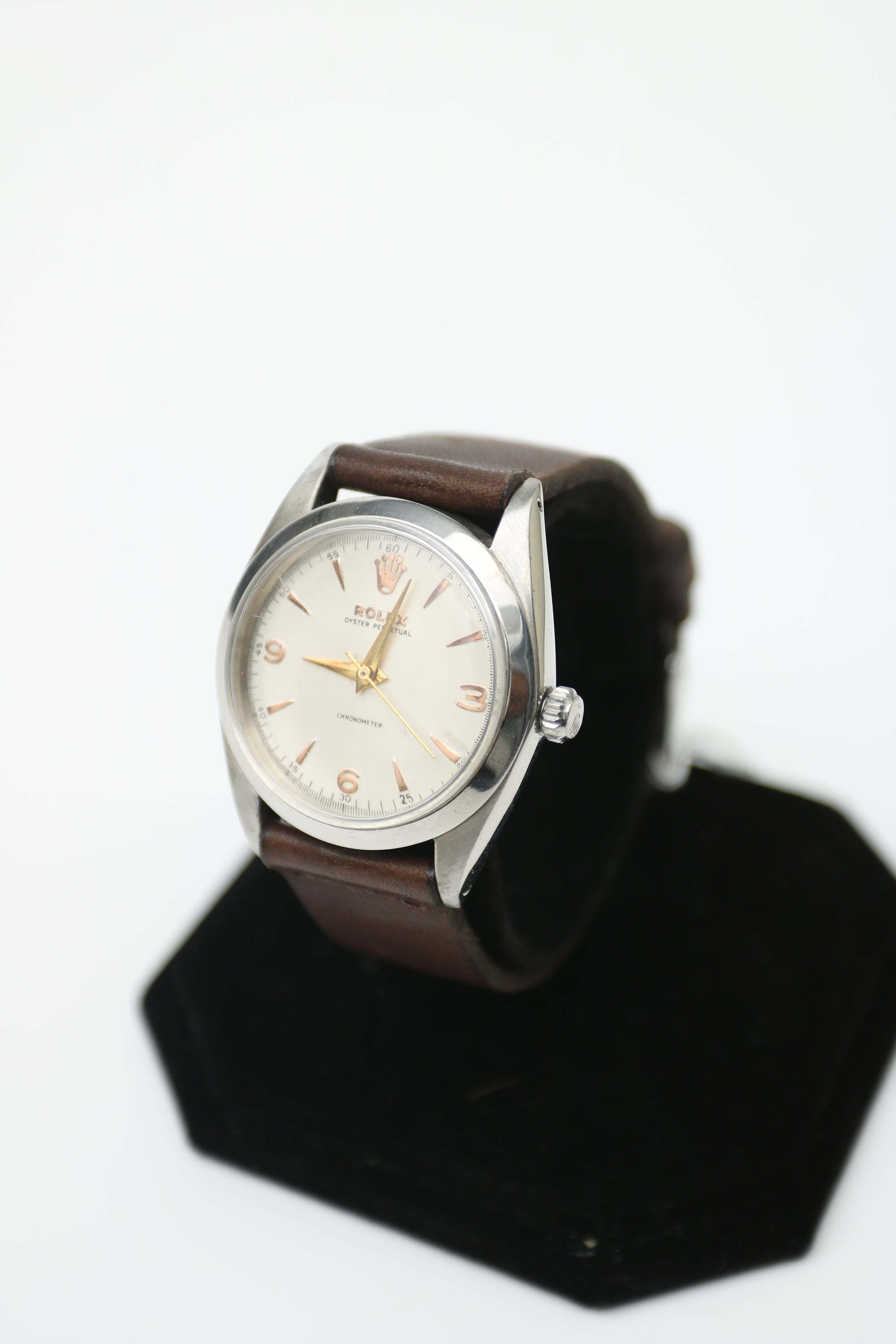 Rolex Oyster perpetual white rose marker Dial on Brown leather