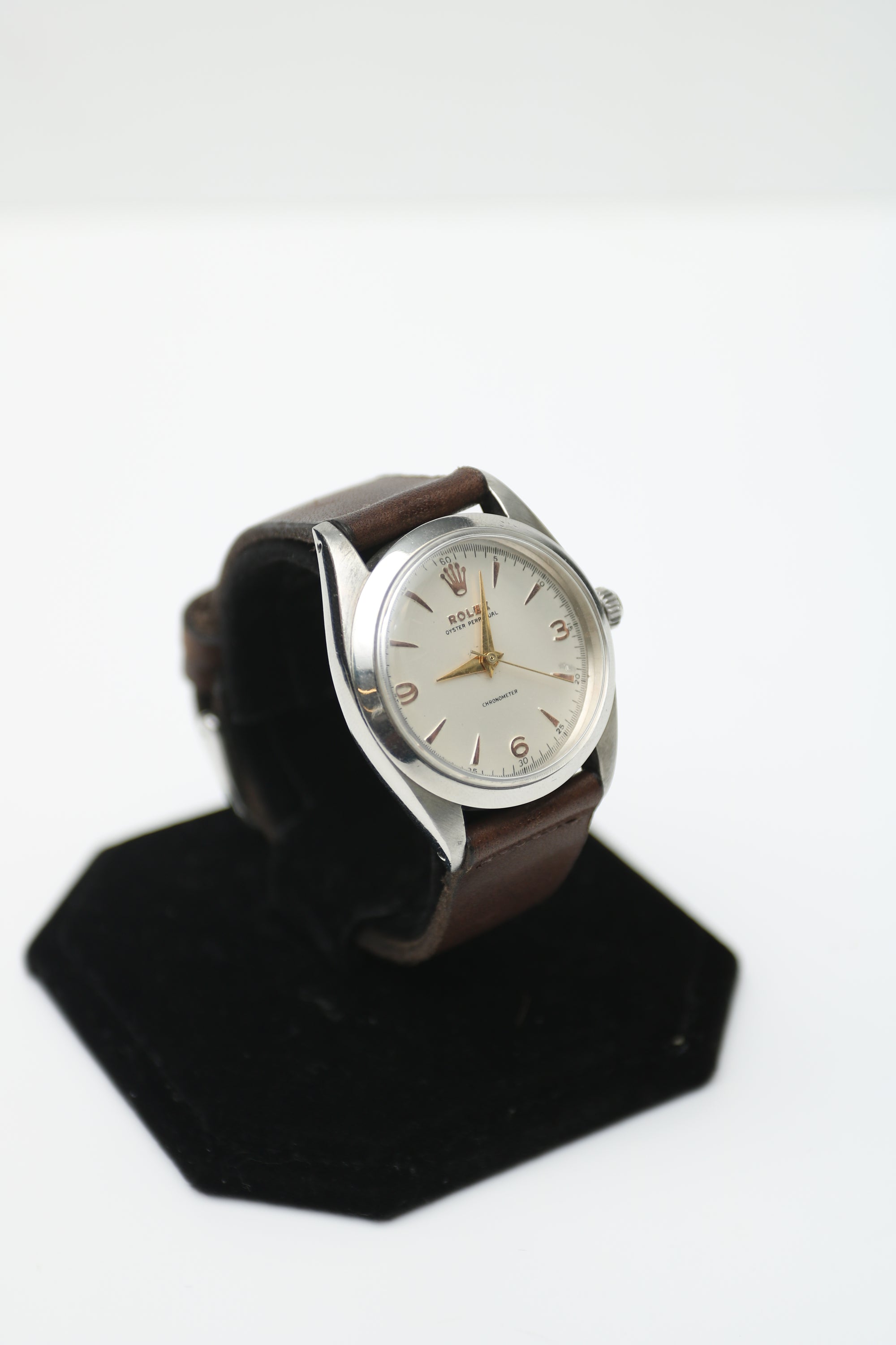 Rolex Oyster perpetual white rose marker Dial on Brown leather