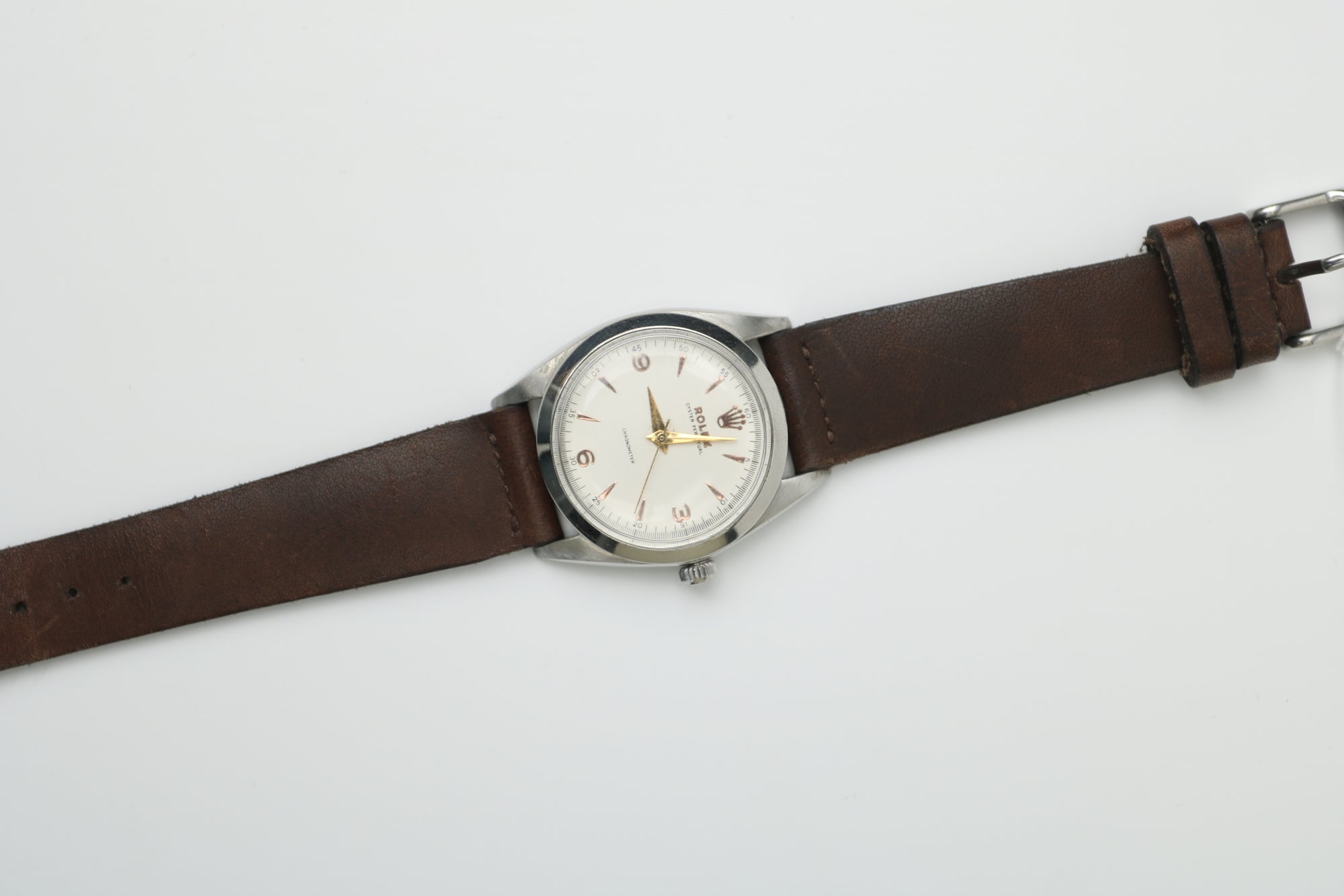 Rolex Oyster perpetual white rose marker Dial on Brown leather
