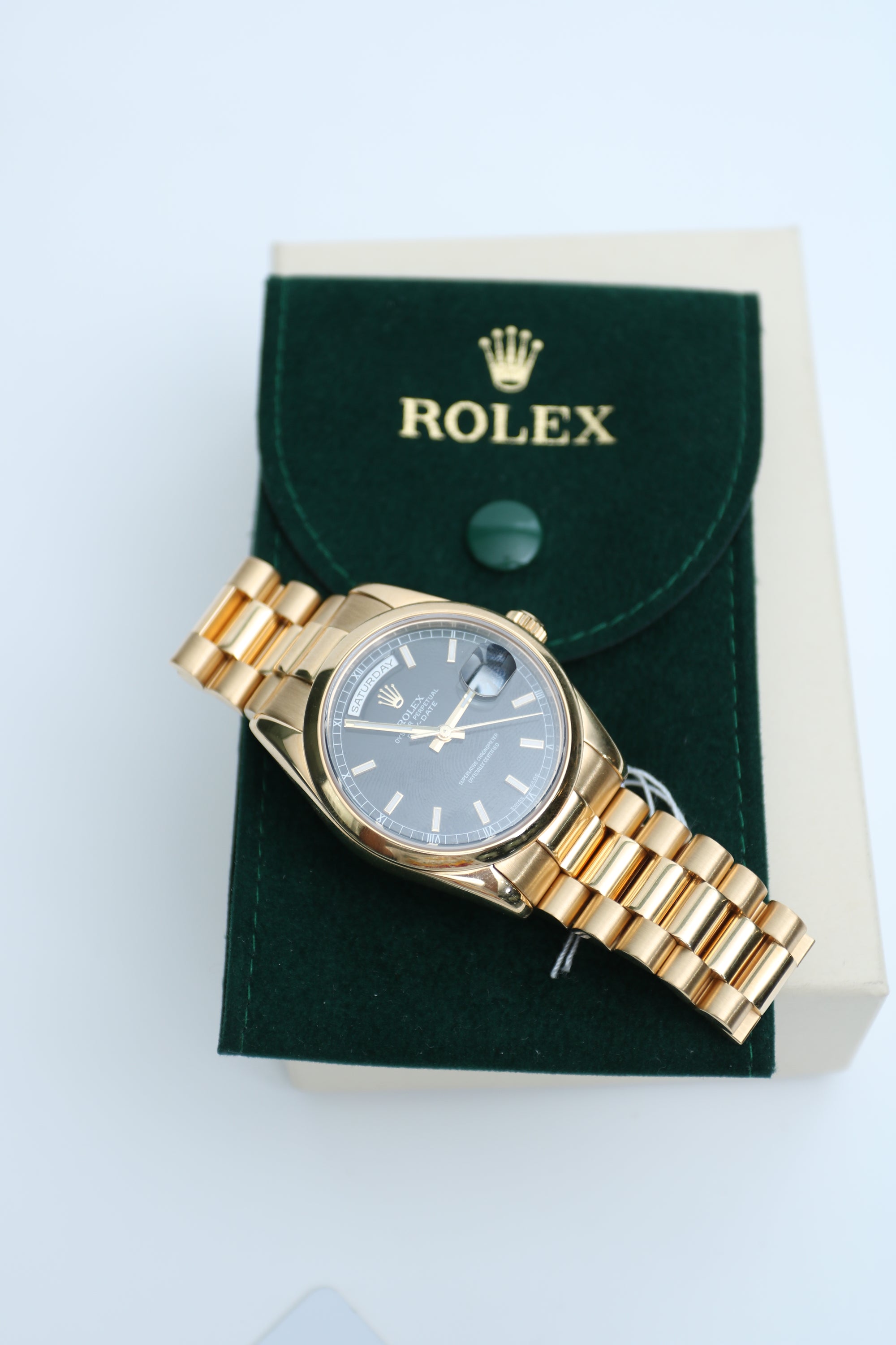 Rolex Day Date 36 Black Stick Dial on President 18238 Service Papers and Box