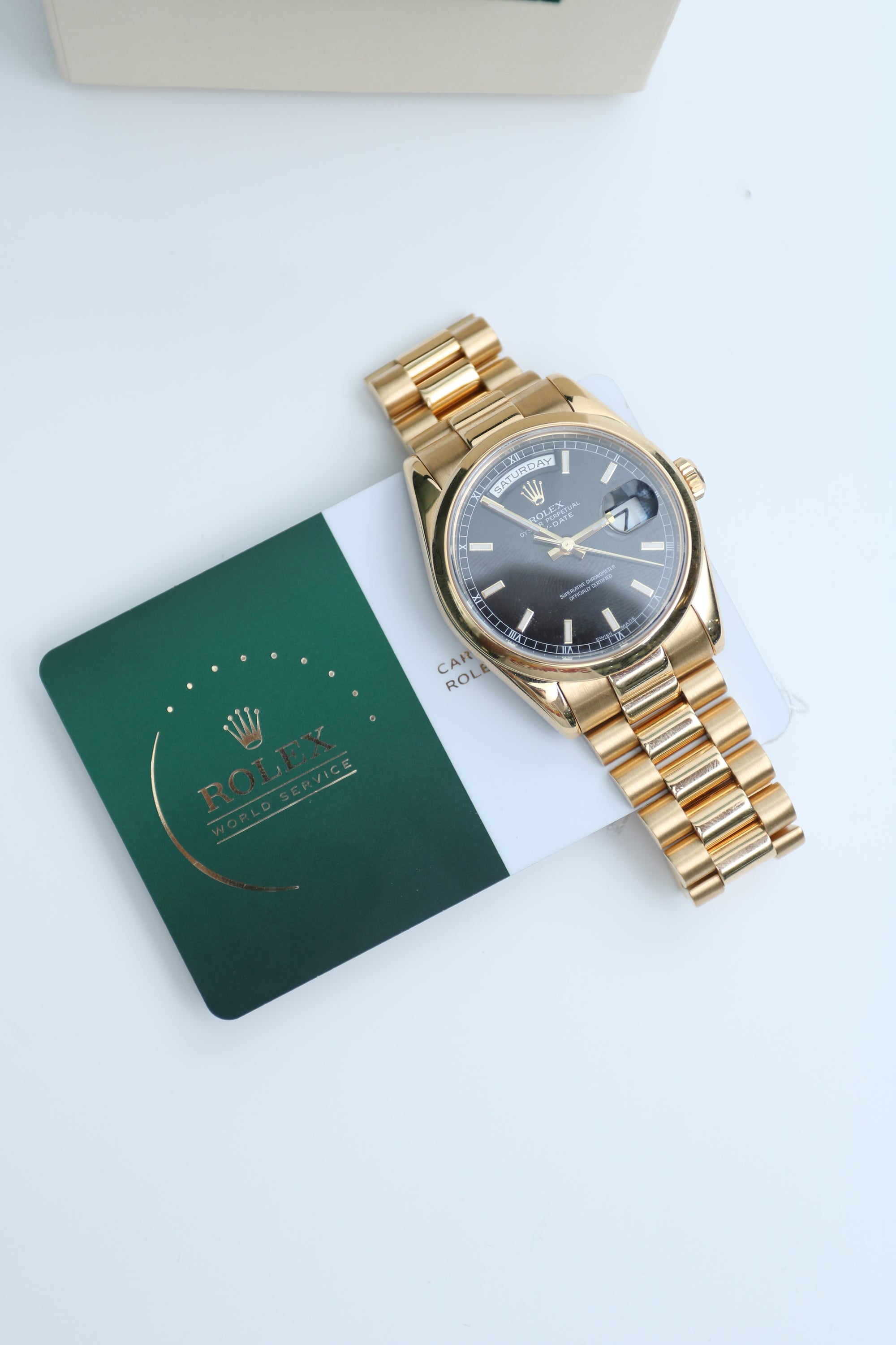 Rolex Day Date 36 Black Stick Dial on President 18238 Service Papers and Box