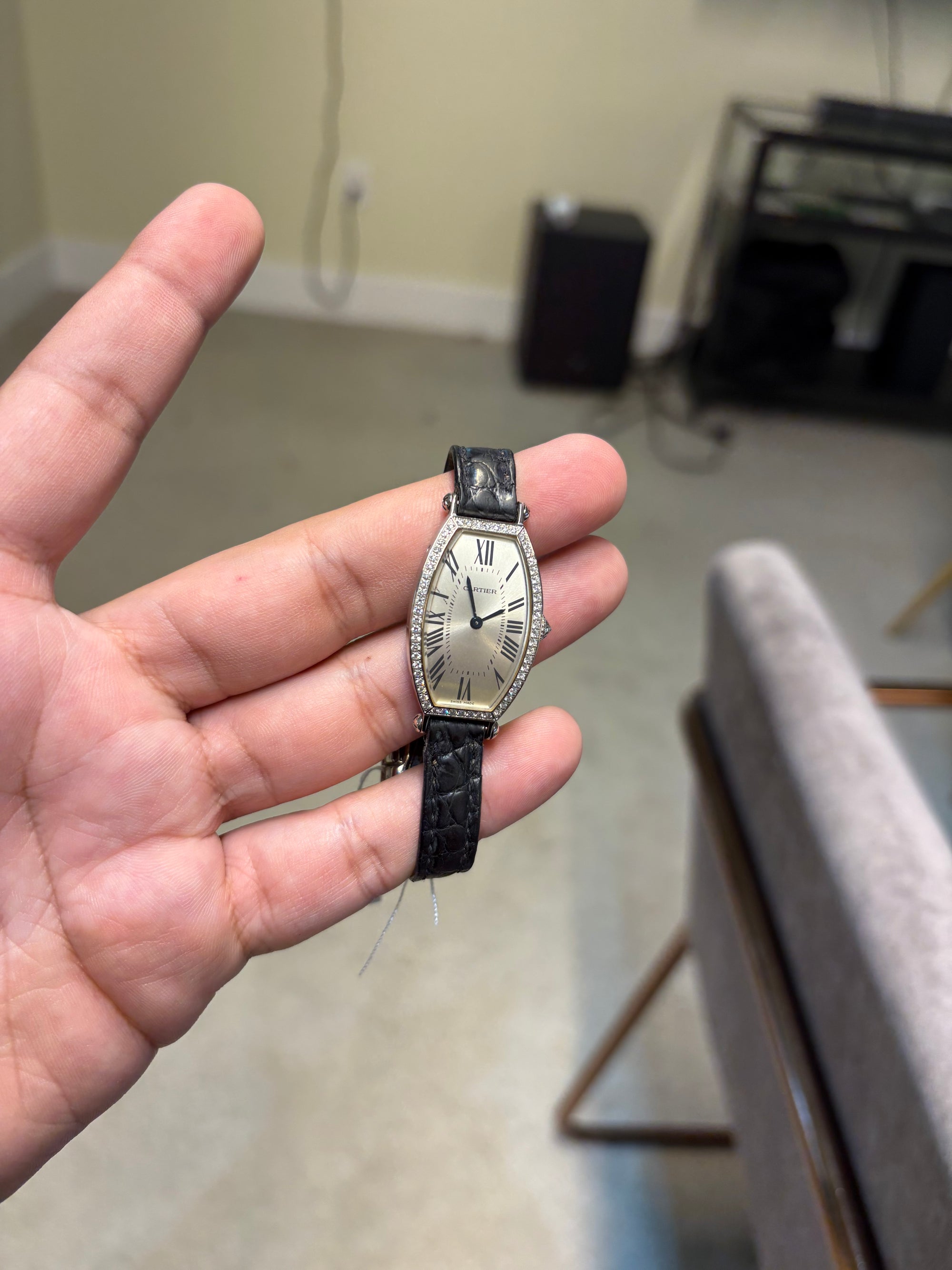 Cartier Tonneau White Gold Dial on Leather 27116