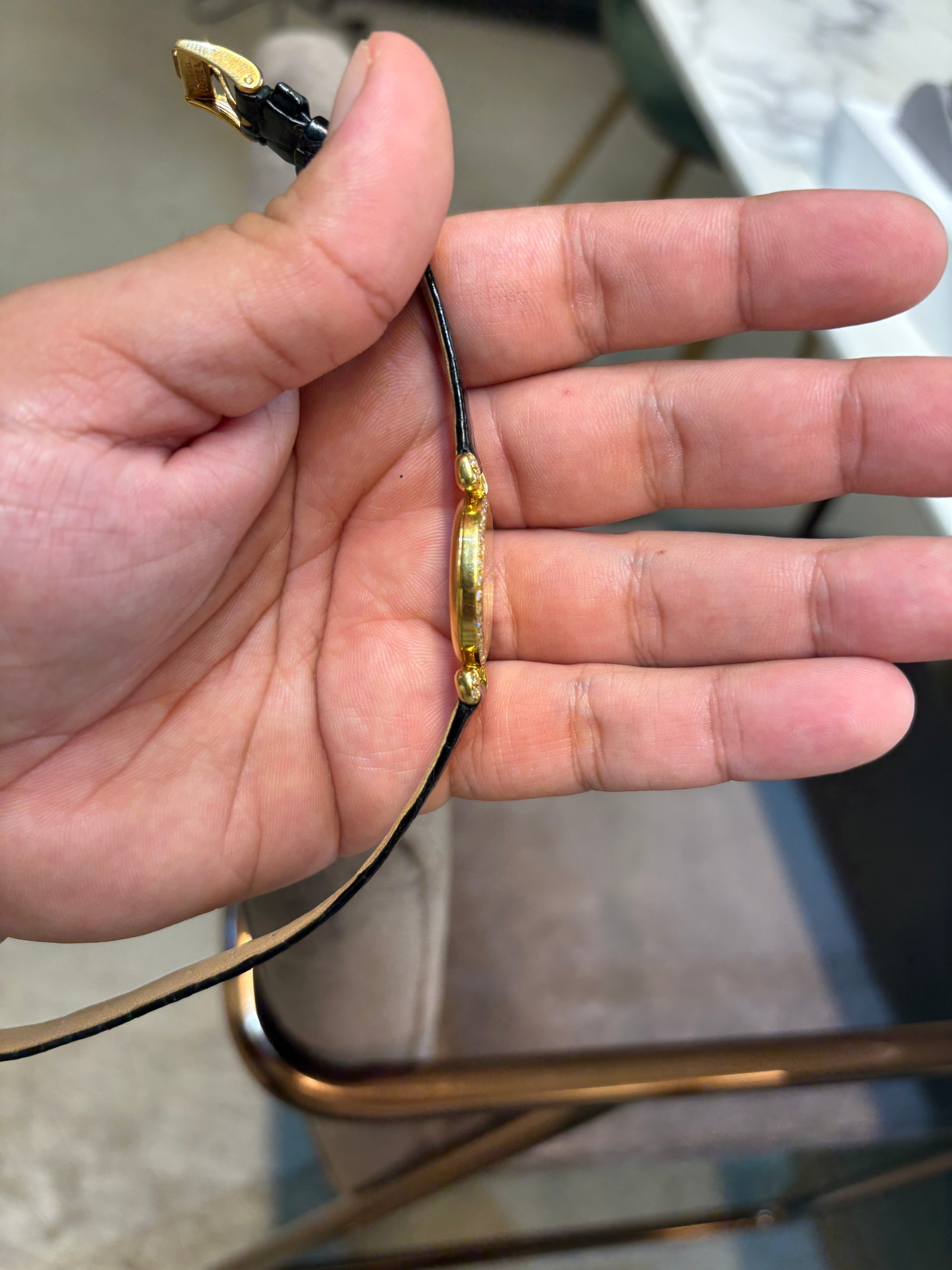 DeLaneau Champagne Diamond Dial on Black Leather L232